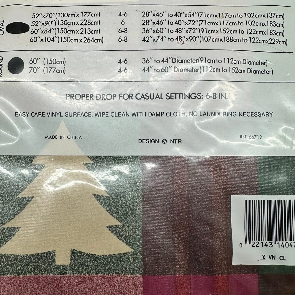 Family Home Holiday Tablecloth 52x70 Oblong Vinyl Christmas Tree Plaid Burgundy